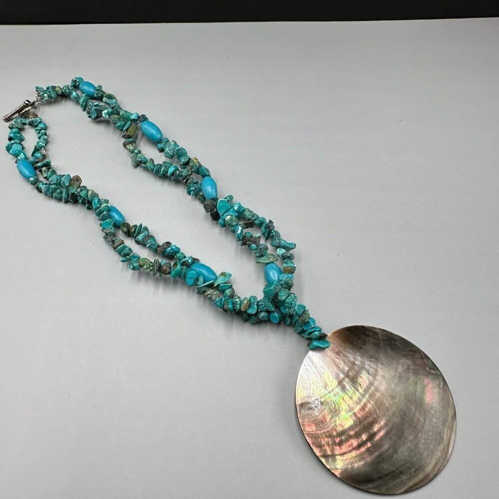 Turquoise Beaded Necklace Abalone Shell Round Pendant Double Strand Toggle Clasp